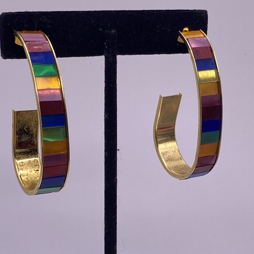 Vintage Open hoop Rainbow Multi colors gold tone earrings